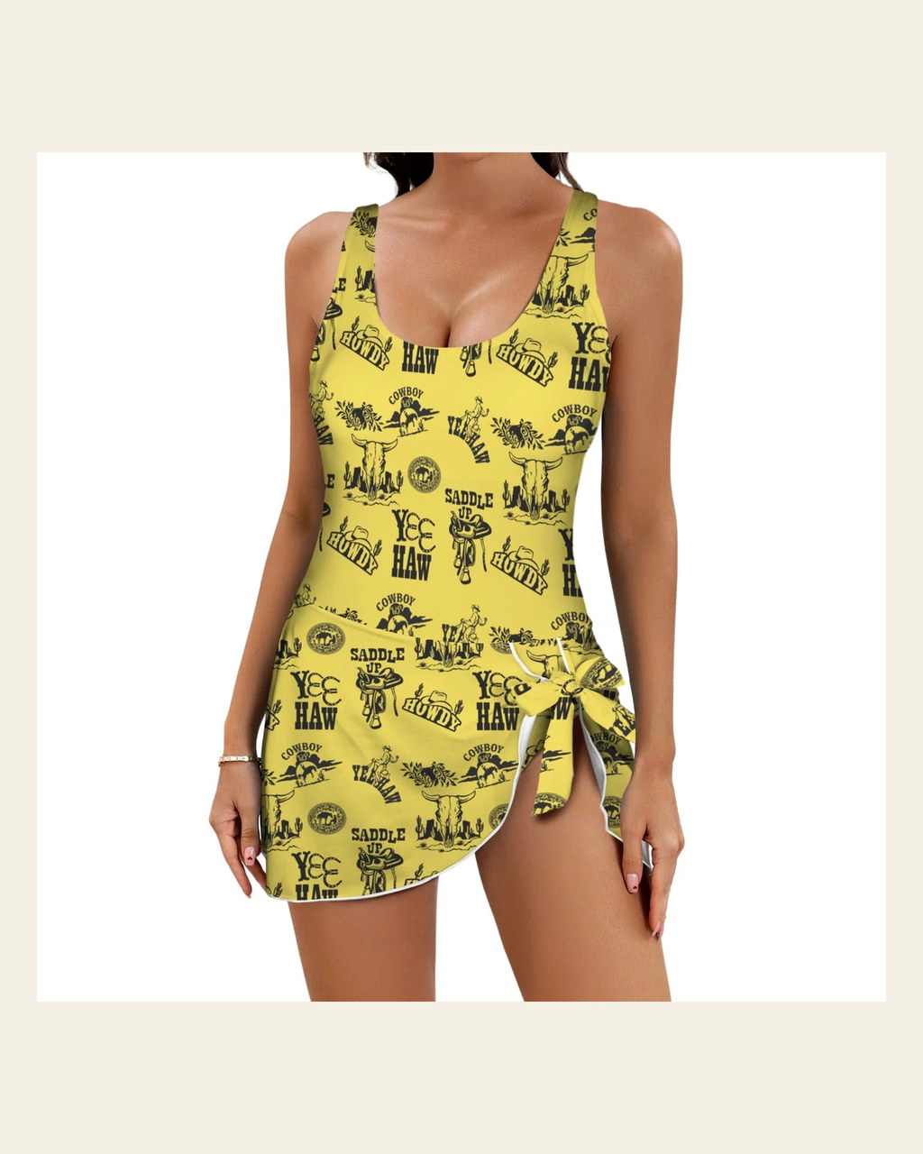 Baha Ranch Cowgirl Graphics Skirted One Piece Swim Suit on a warm cream background