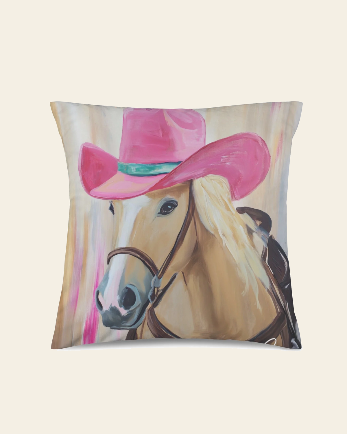 Baha Ranch Cowgirl Horse Velvety Soft Throw Pillow Case Made in America on a warm cream background