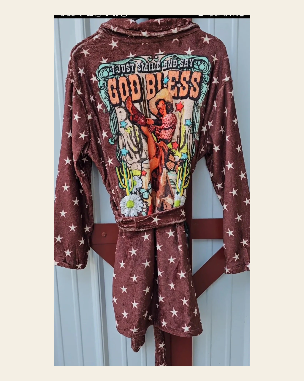 Baha Ranch Cowgirl Says God Bless Women's Western Bath Robe on a warm cream background