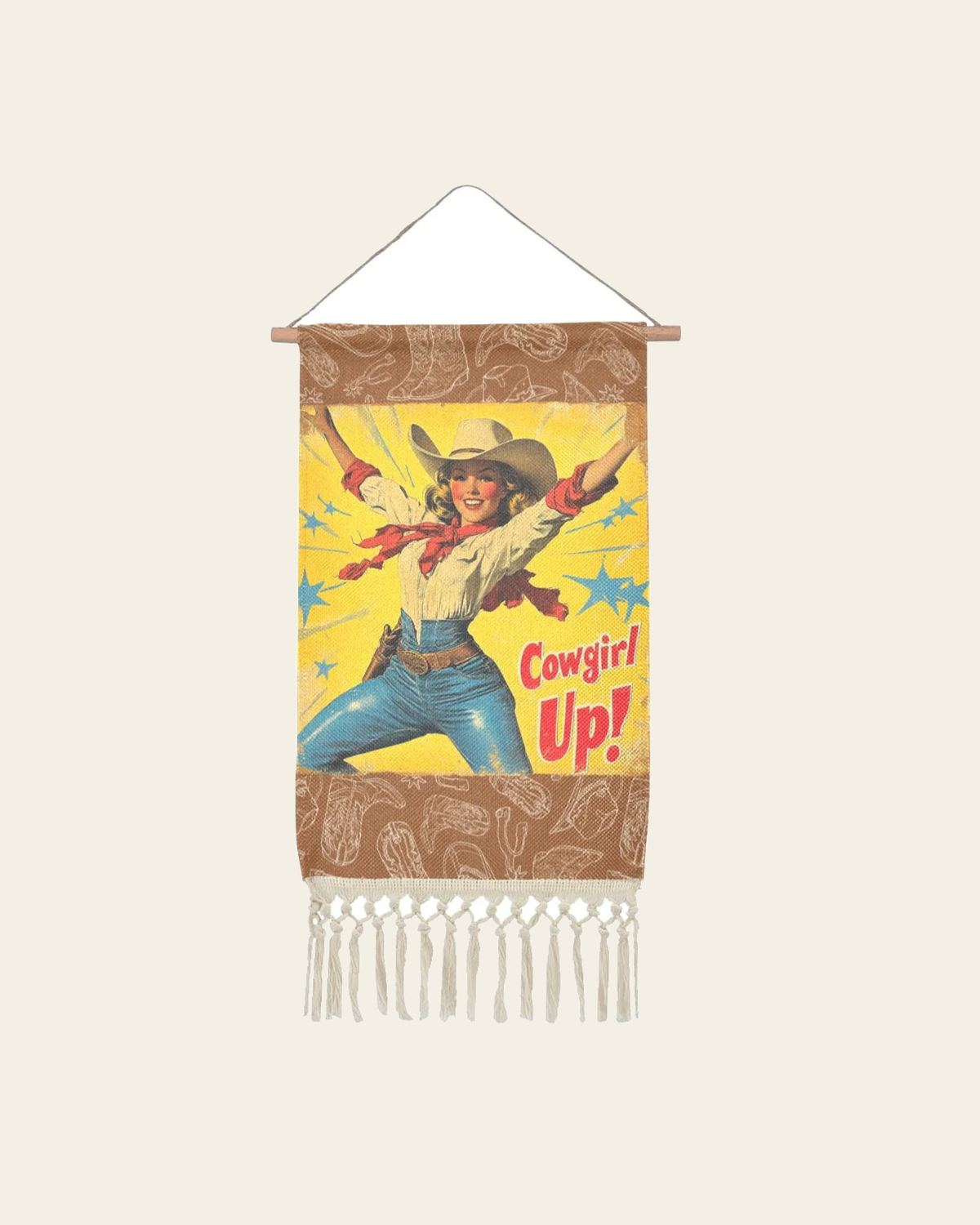 Baha Ranch Cowgirl Up Vintage Western Wall Decor Linen Hanging Poster with Fringe Made in America on a warm cream background