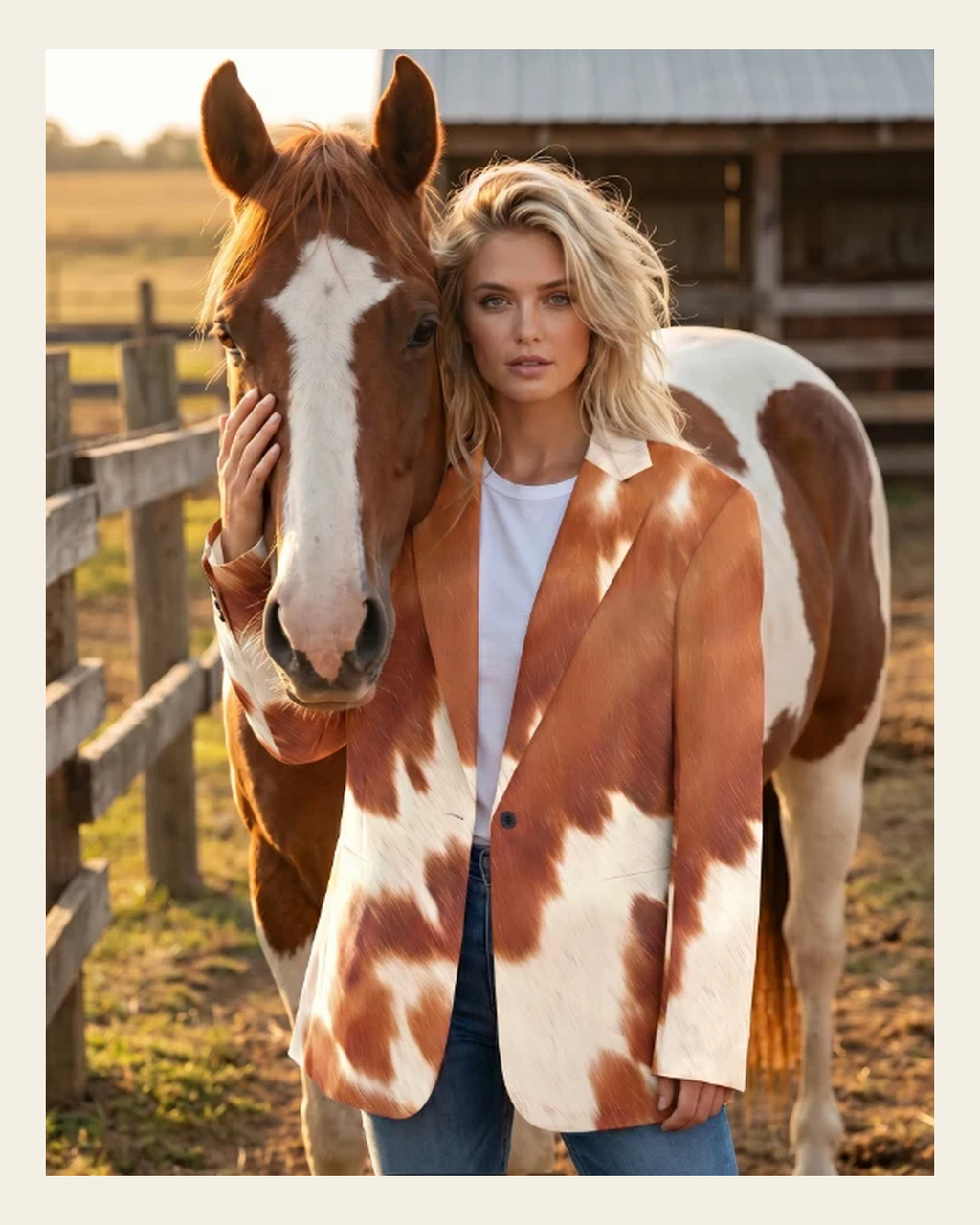 Baha Ranch Cowhide Print blazer on a warm cream background