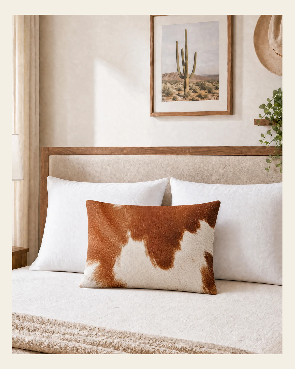 Baha Ranch Cowhide Print Pillowcase Made in America on a warm cream background