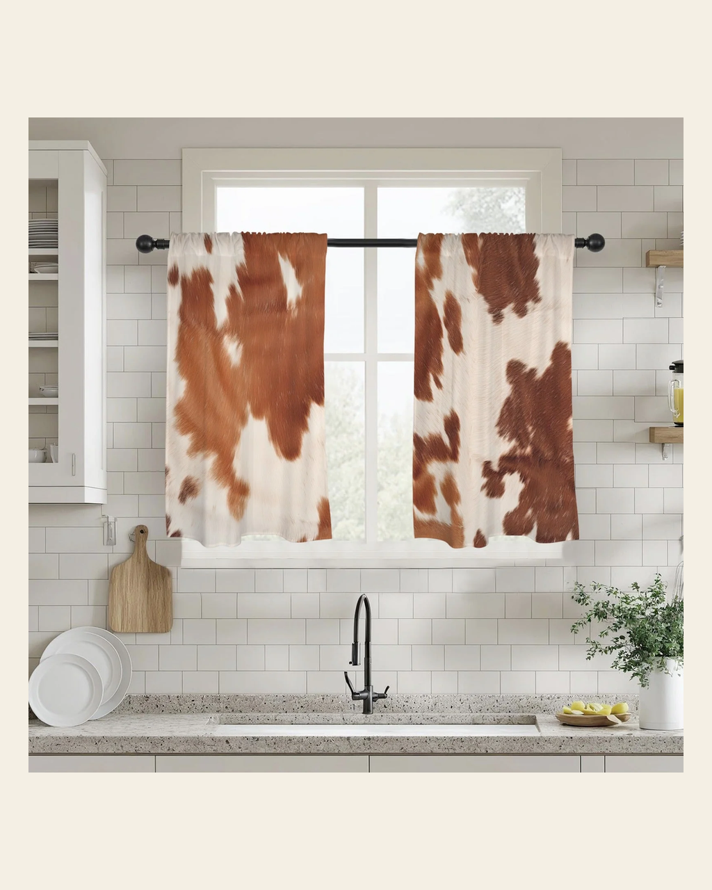Baha Ranch Cowhide Print Window Curtains 28"x40" (2-Piece) Made in America on a warm cream background