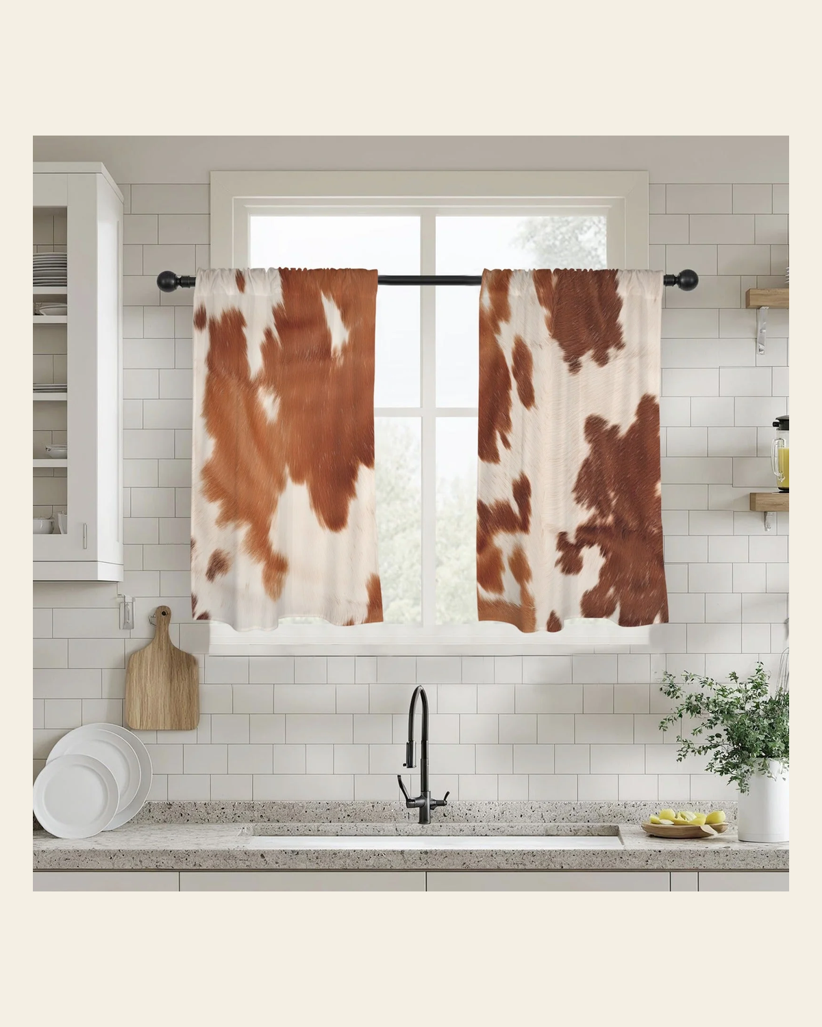 Baha Ranch Cowhide Print Window Curtains 28"x40" (2-Piece) Made in America on a warm cream background