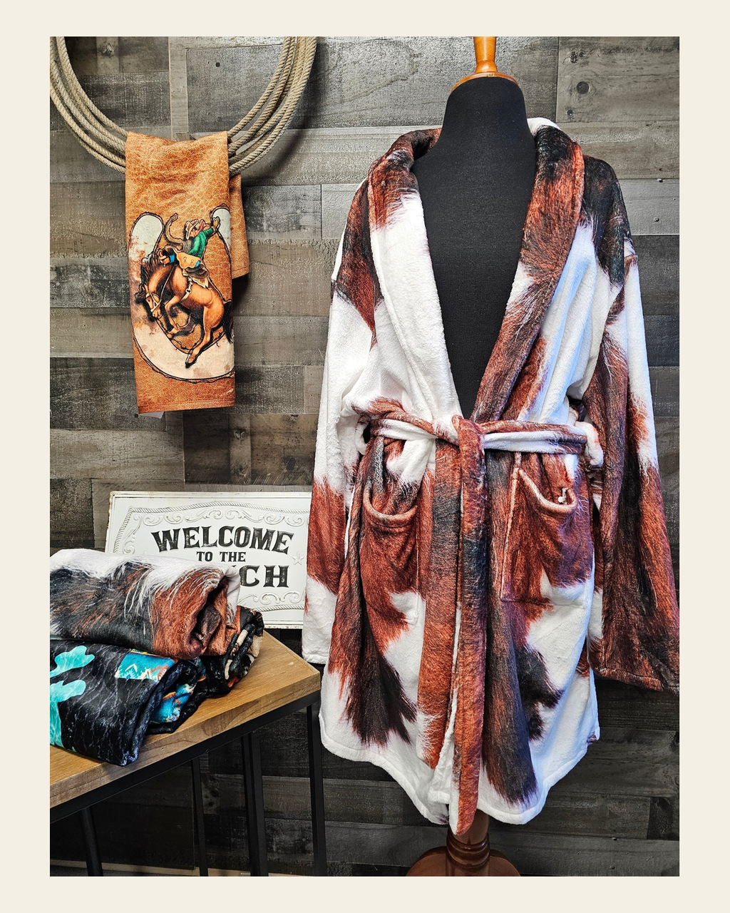 Baha Ranch Cowhide Print Women's Western Bath Robe on a warm cream background