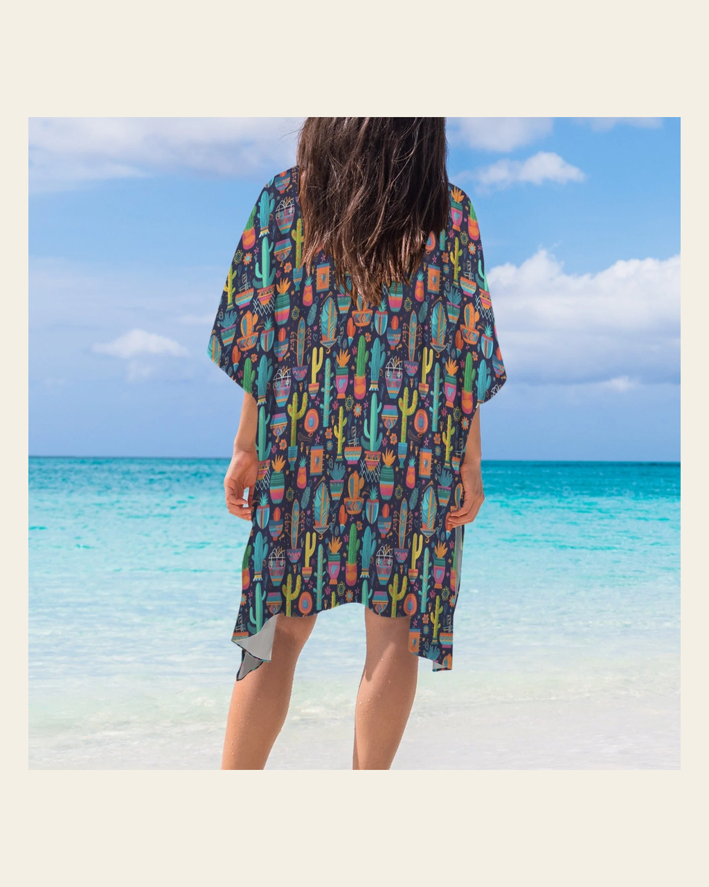Baha Ranch Crazy Cactus Lady Duster Kimono Coverup on a warm cream background