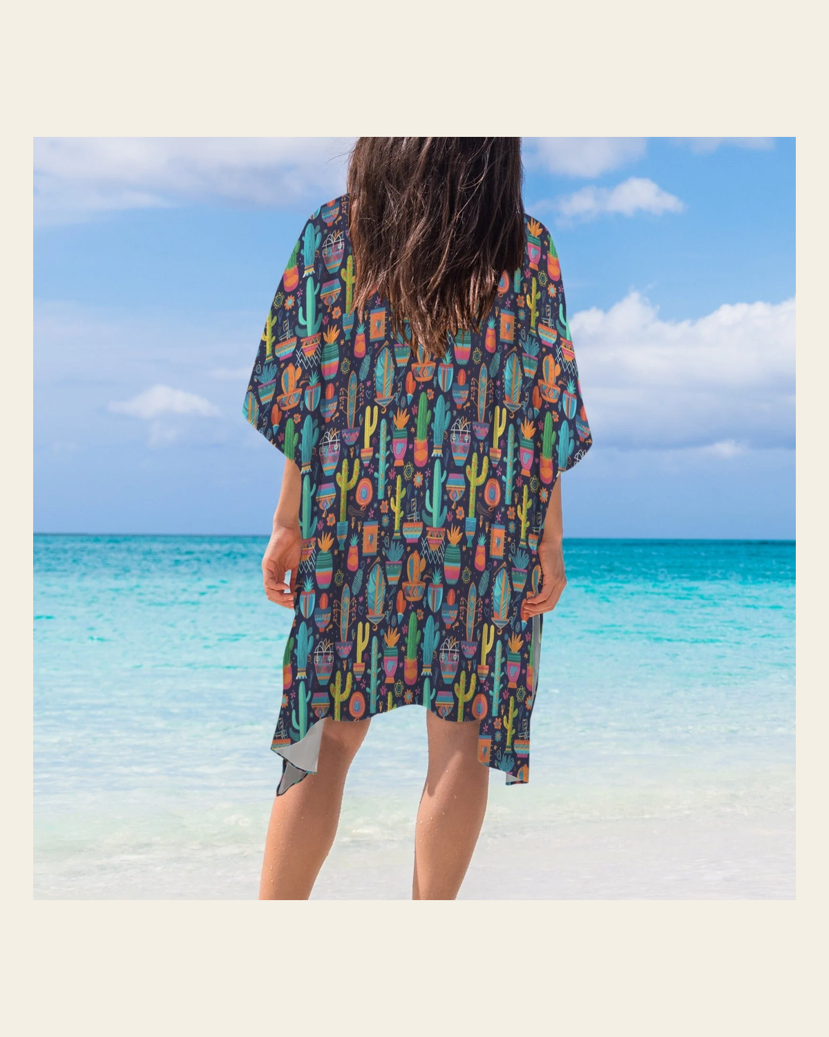 Baha Ranch Crazy Cactus Lady Duster Kimono Coverup on a warm cream background