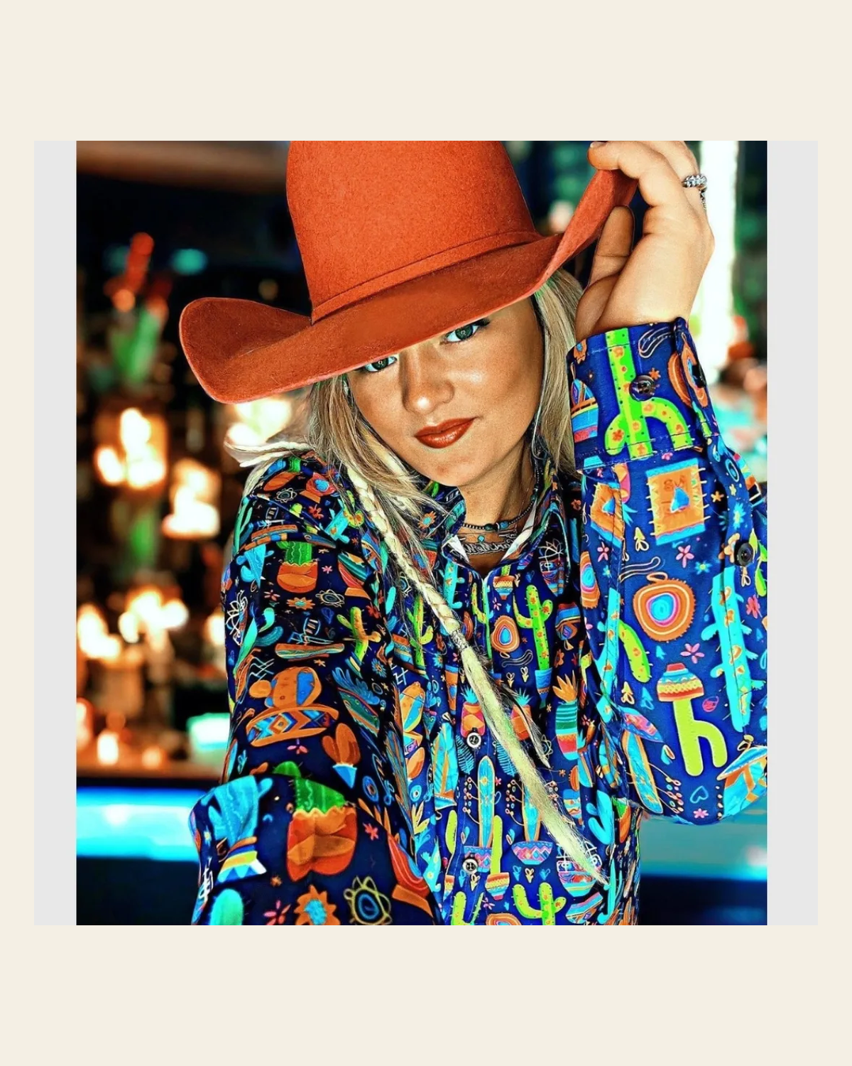 Baha Ranch Crazy Cactus Lady Unisex Western Button Up Shirt on a warm cream background