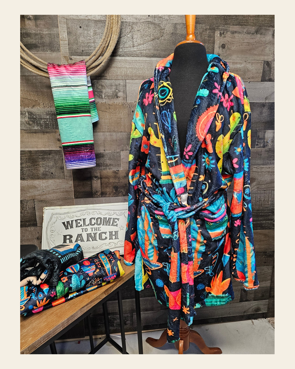 Baha Ranch Crazy Cactus Lady Western Bath Robe on a warm cream background