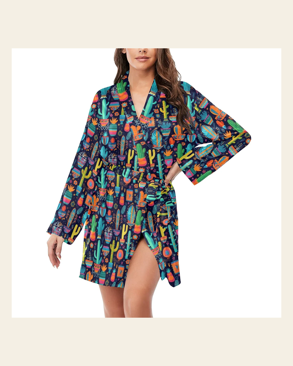 Baha Ranch Crazy Cactus Lady Women's Long Sleeve Belted Satin Feel Dressing Lounge Robe on a warm cream background