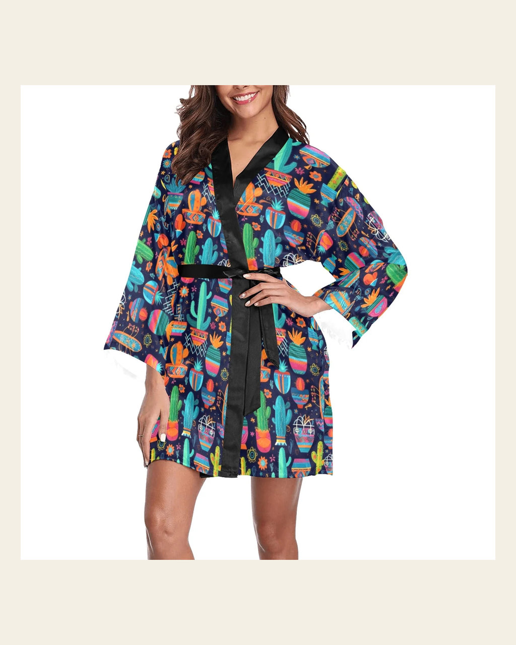 Baha Ranch Crazy Cactus Lady Women's Lounge Kimono Robe on a warm cream background
