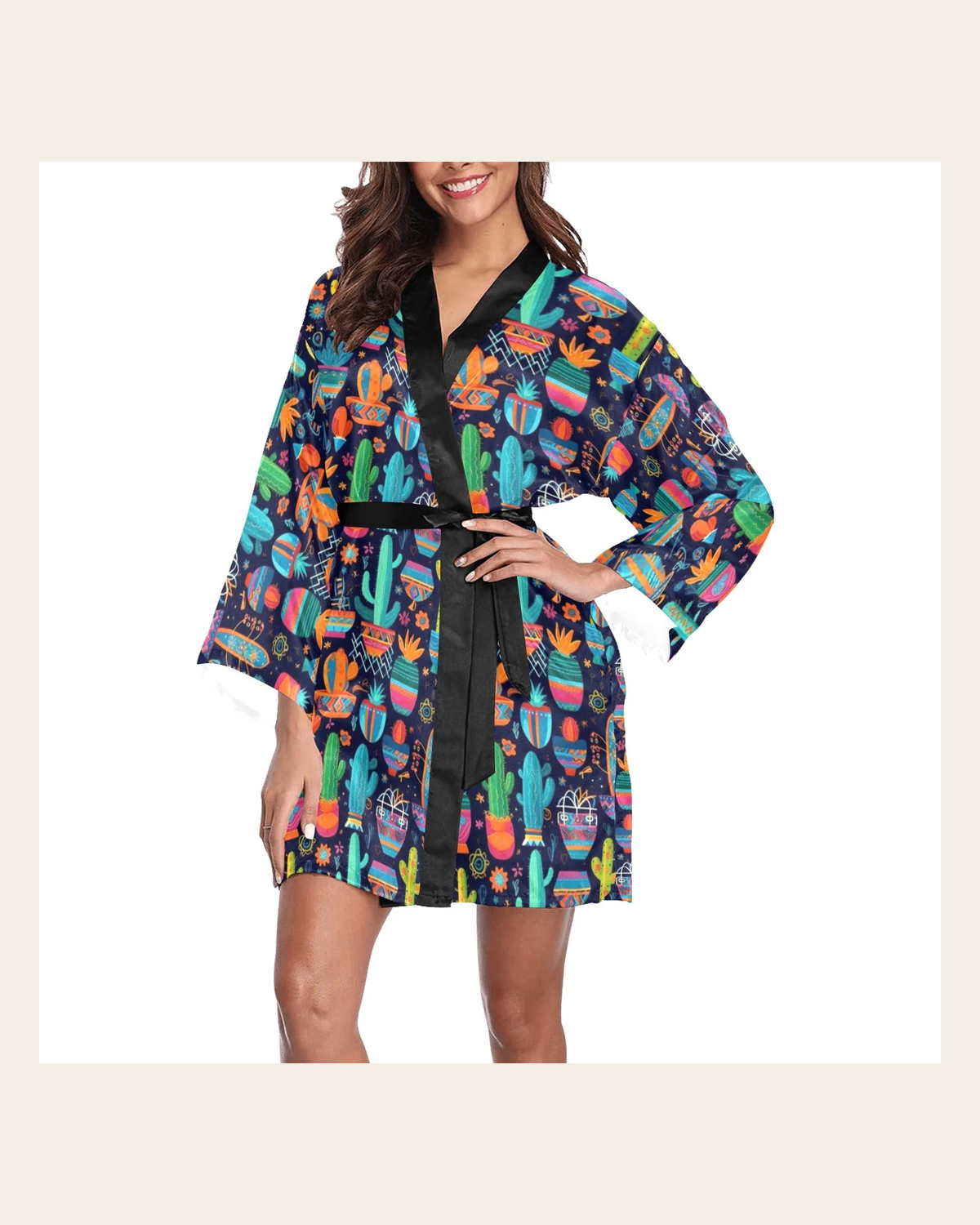 Baha Ranch Crazy Cactus Lady Women's Lounge Kimono Robe on a warm cream background