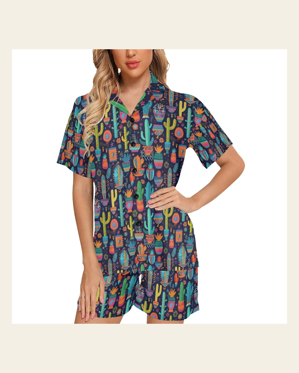 Baha Ranch Crazy Cactus Lady Women's Western Pajama Set on a warm cream background