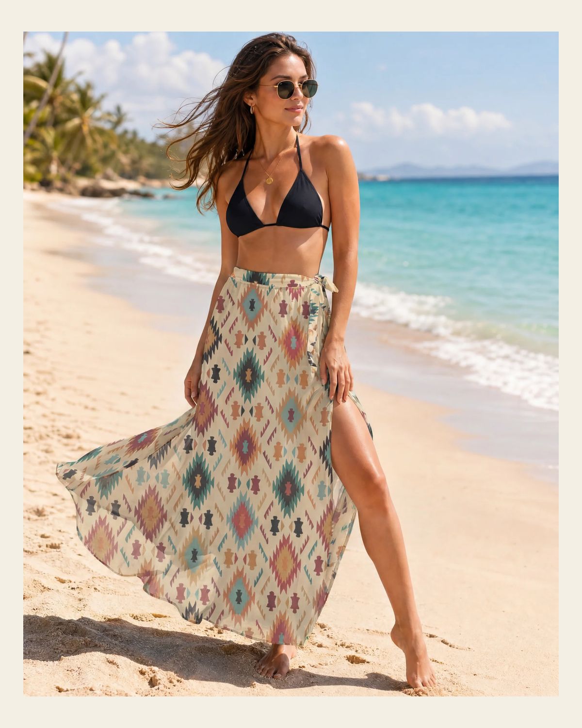 Baha Ranch Cream Aztec Beach Swim Coverup Skirt on a warm cream background