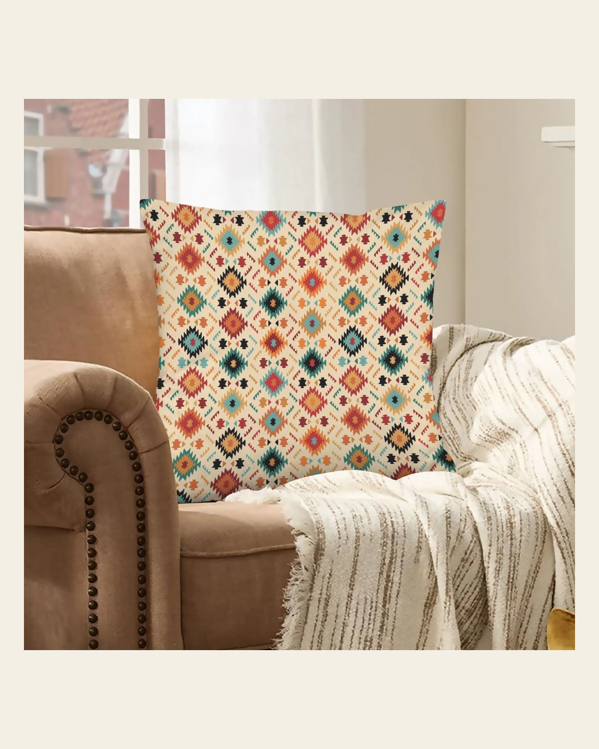 Baha Ranch Cream Aztec Velvet Soft Throw PIllow Case Made in America on a warm cream background