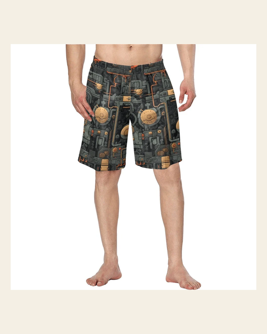 Baha Ranch Cyber Digital Gaming Men's Beach Board Swim Shorts on a warm cream background