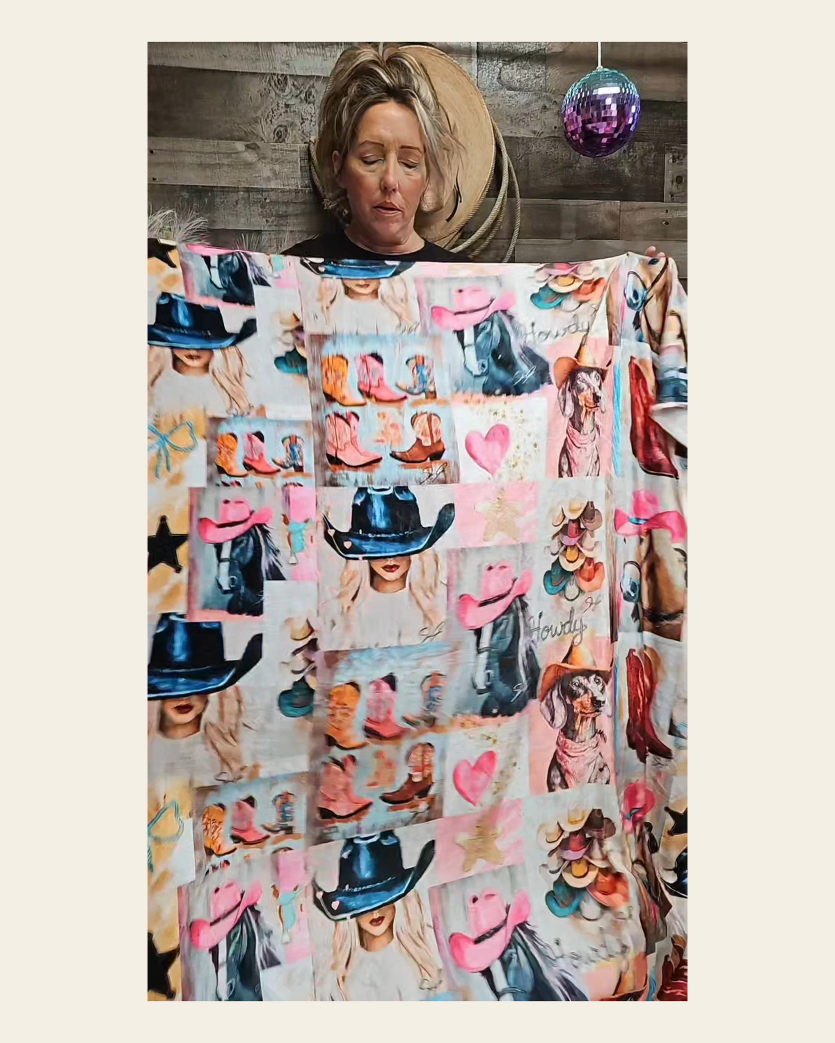 Baha Ranch Danilo Painted Cowgirl Collage Throw Blanket 60" x 80 Made in America on a warm cream background