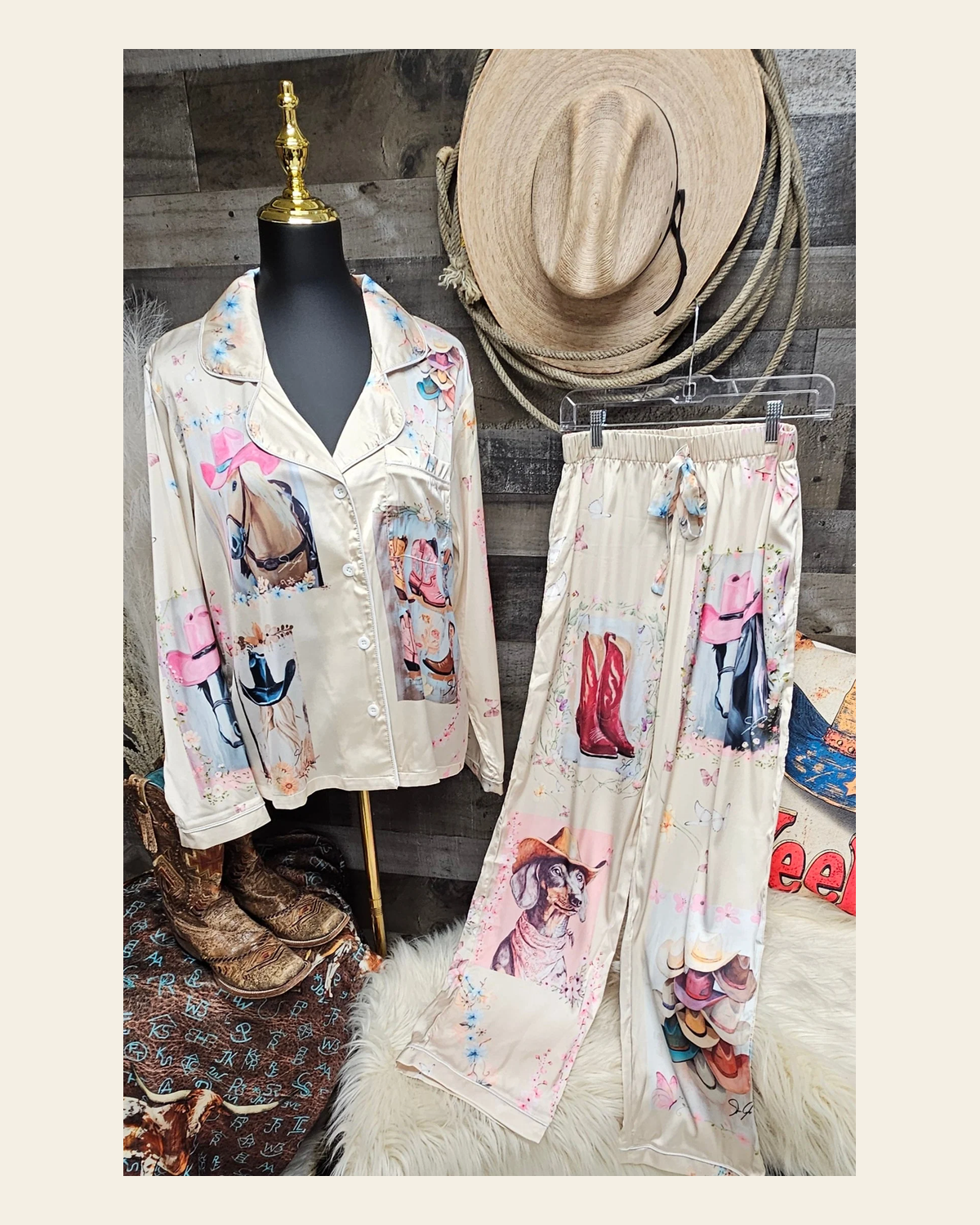 Baha Ranch Danilo Painted Cowgirl Satin Long Pajamas on a warm cream background
