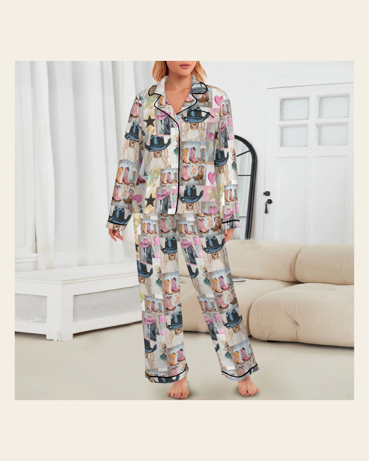 Baha Ranch Danilo Painted Cowgirl Western Satin Long Pajama Set on a warm cream background