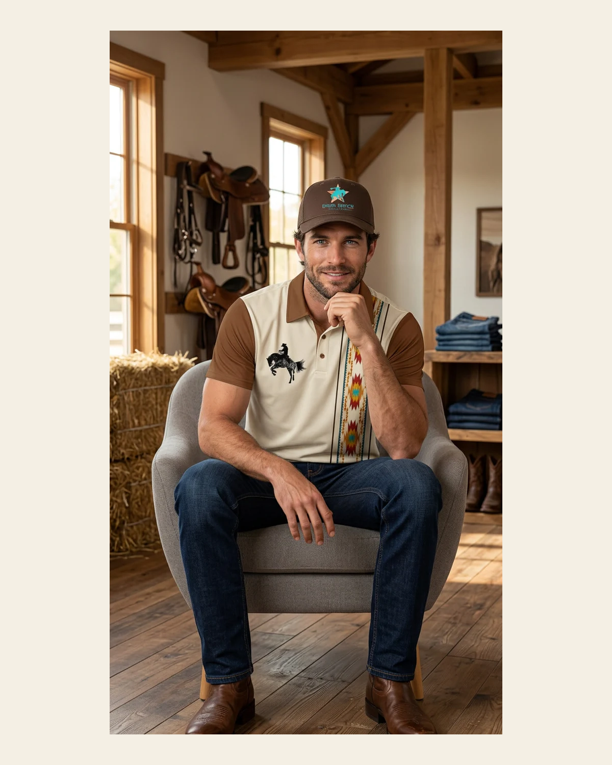 Baha Ranch Desert Cowboy Aztec Polo Shirt on a warm cream background