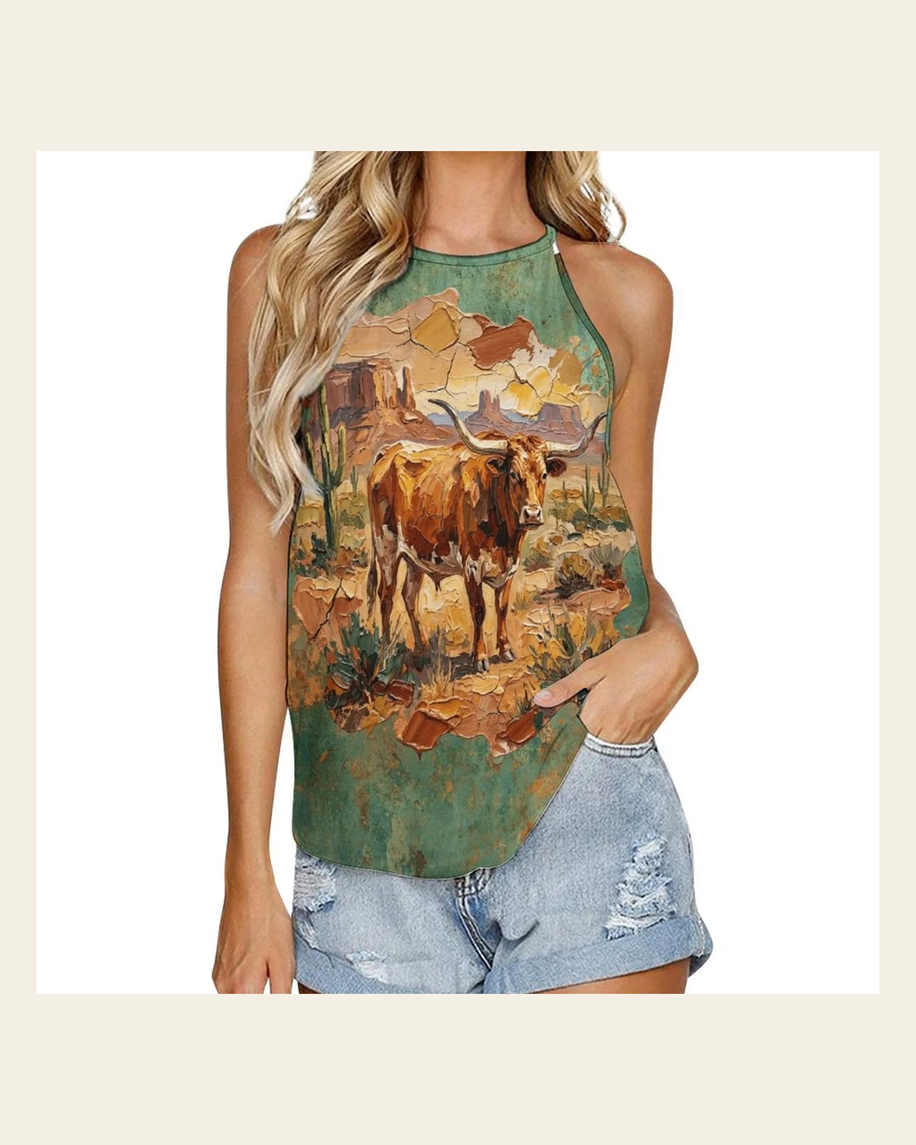Baha Ranch Desert Longhorn Tank Top on a warm cream background