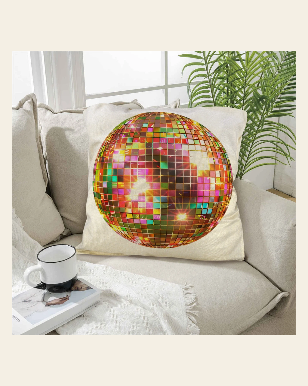 Baha Ranch Disco Ball Pillow Case Made in America on a warm cream background