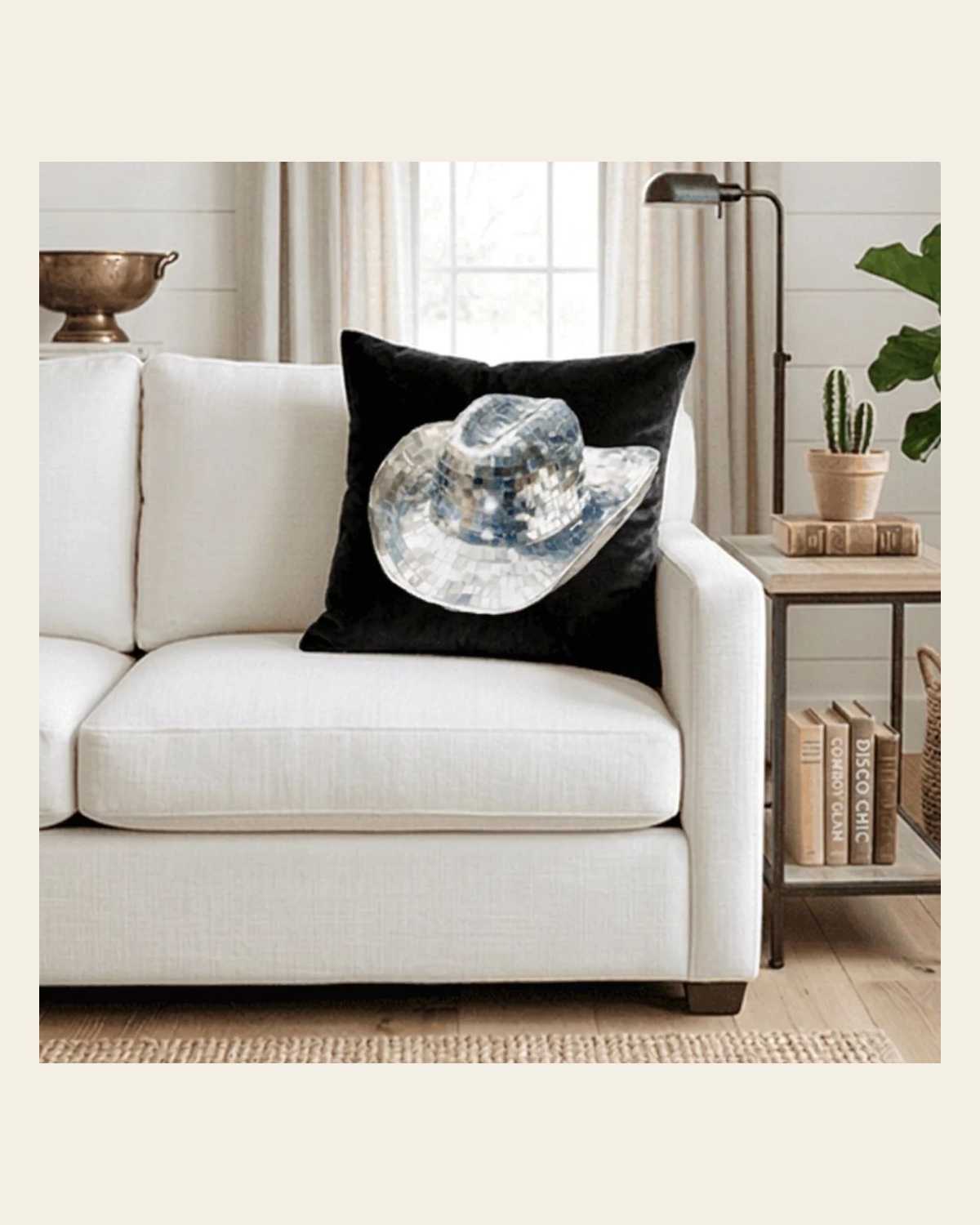 Baha Ranch Disco Hat Velvety Soft Pillow Cover Made in America on a warm cream background