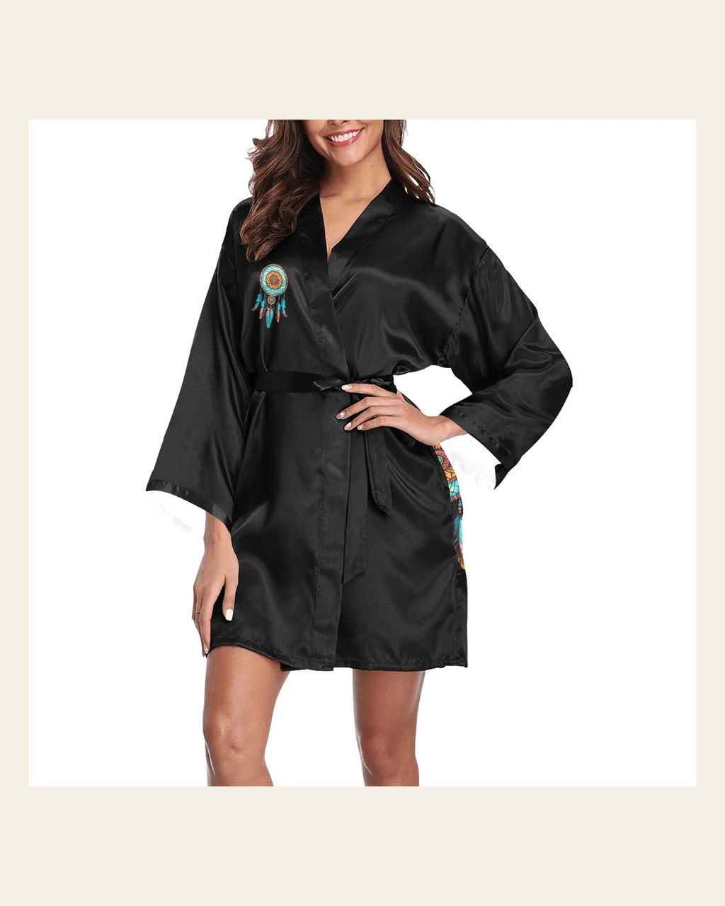 Baha Ranch Dream Catcher Women's Lounge Kimono Robe on a warm cream background