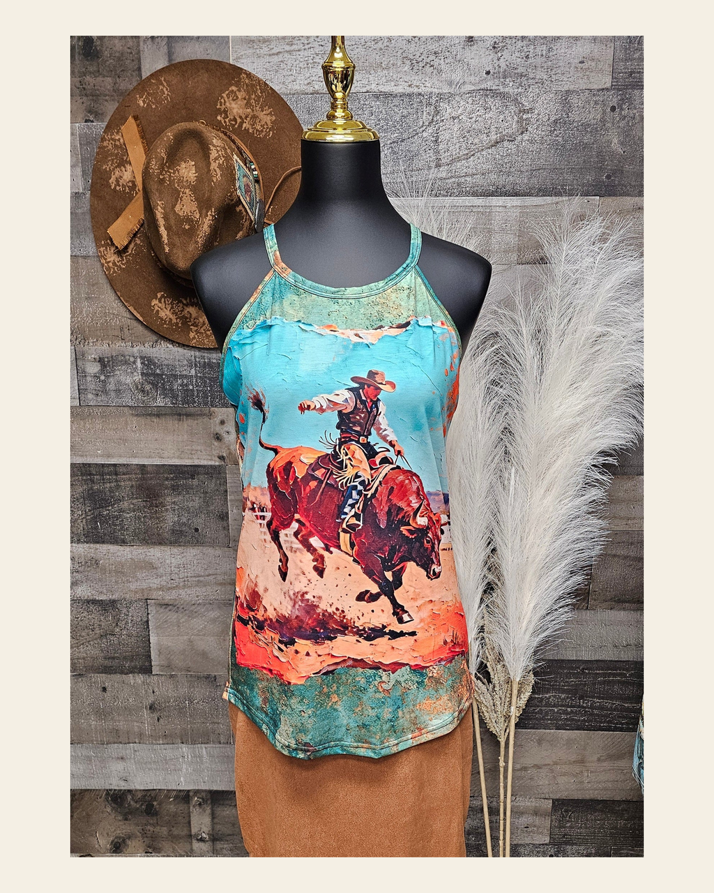 Baha Ranch Eight Second Bull Ride Rodeo Tank Top on a warm cream background