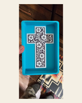 Baha Ranch Faith Cross Tooled 3D Accessory Tray Made in America on a warm cream background