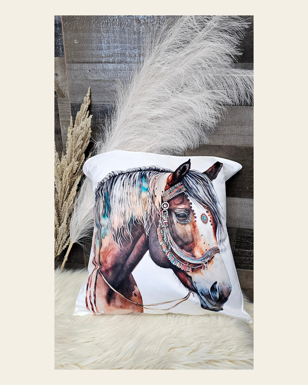 Baha Ranch Fancy Horse on White Velvety Soft Pillow Case Made in America on a warm cream background