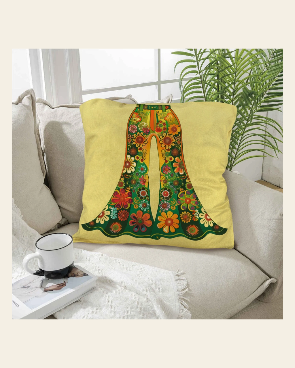 Baha Ranch Floral Bell Bottoms Pillow Case Made in America on a warm cream background