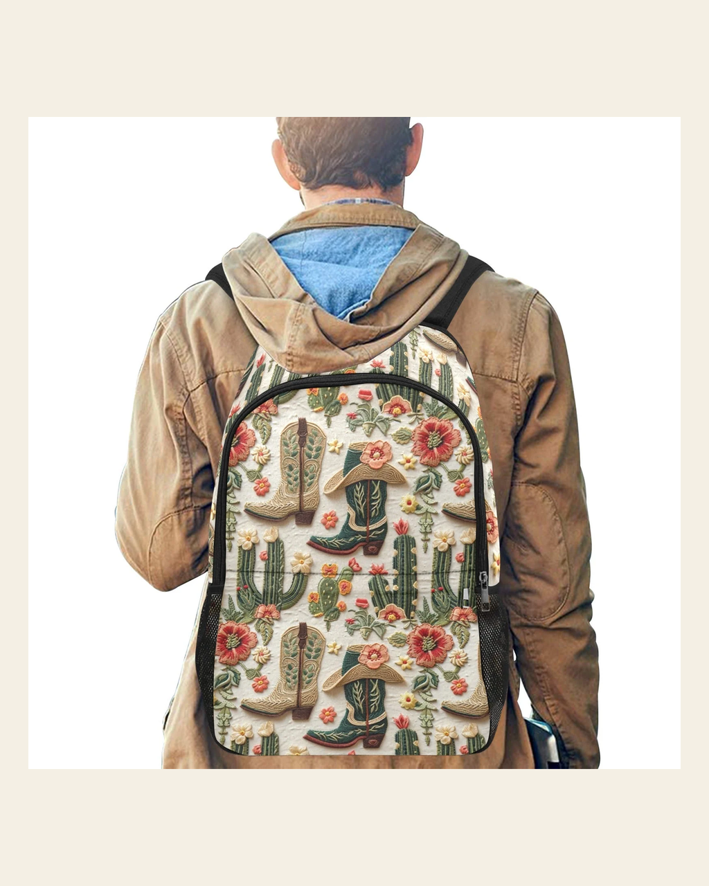 Baha Ranch Floral Boots Cactus Backpack on a warm cream background