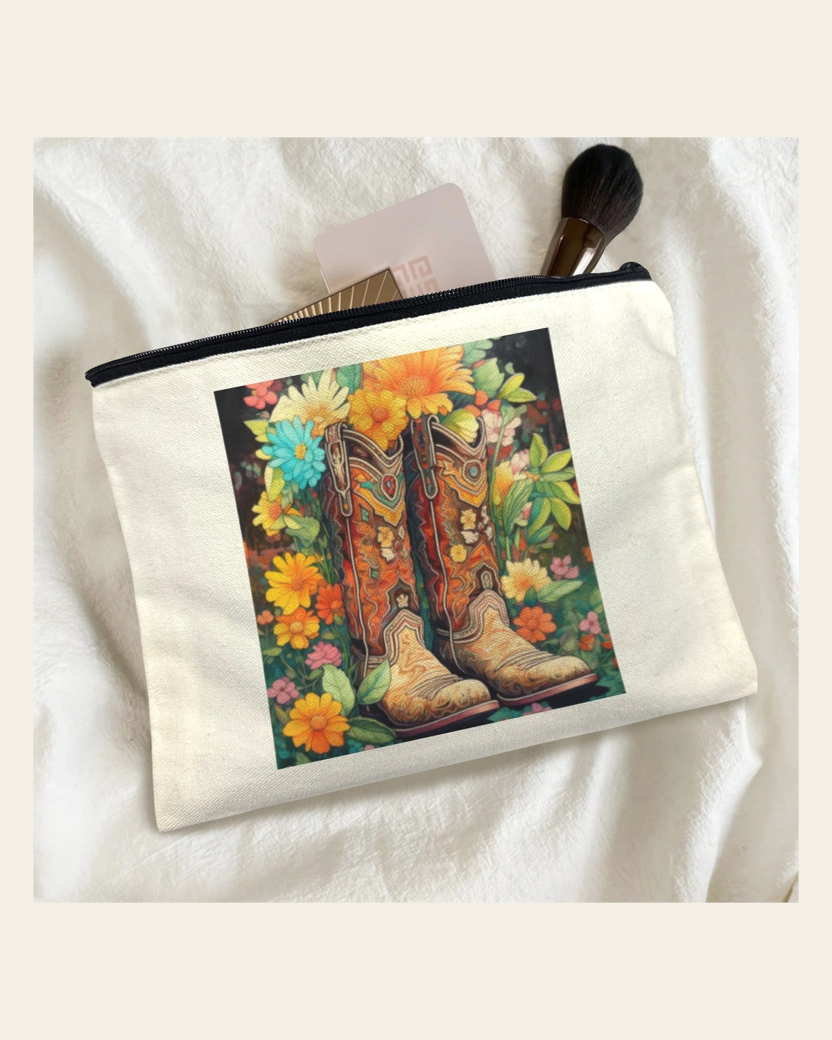 Baha Ranch Floral Cowboy Boots Cosmetic Bag  Pack of 5 Made in America on a warm cream background