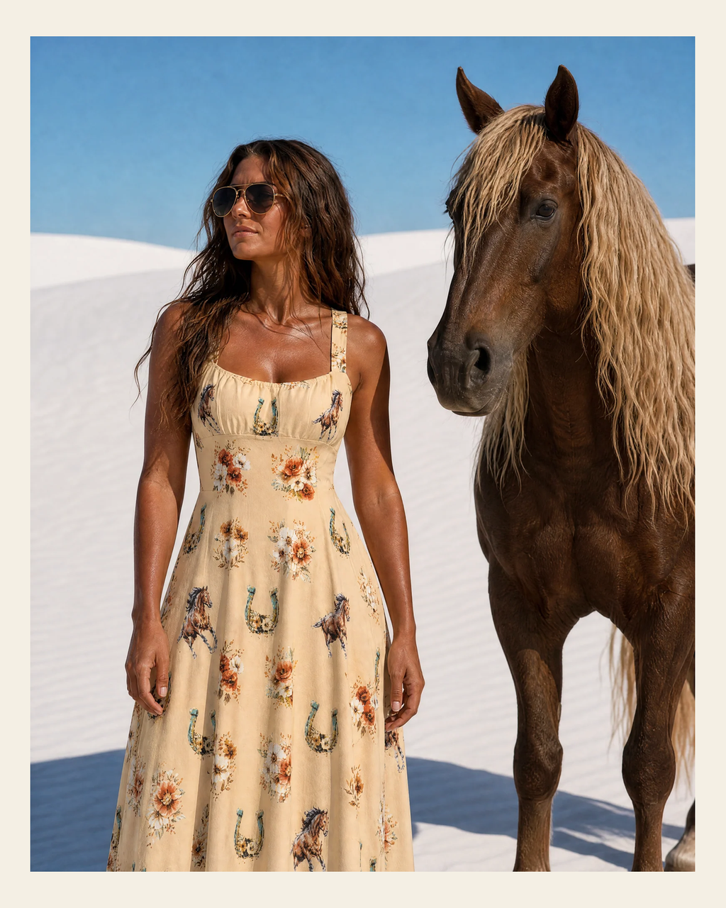 Baha Ranch Floral Horse Western Country Girl High Waist Sun Dress on a warm cream background