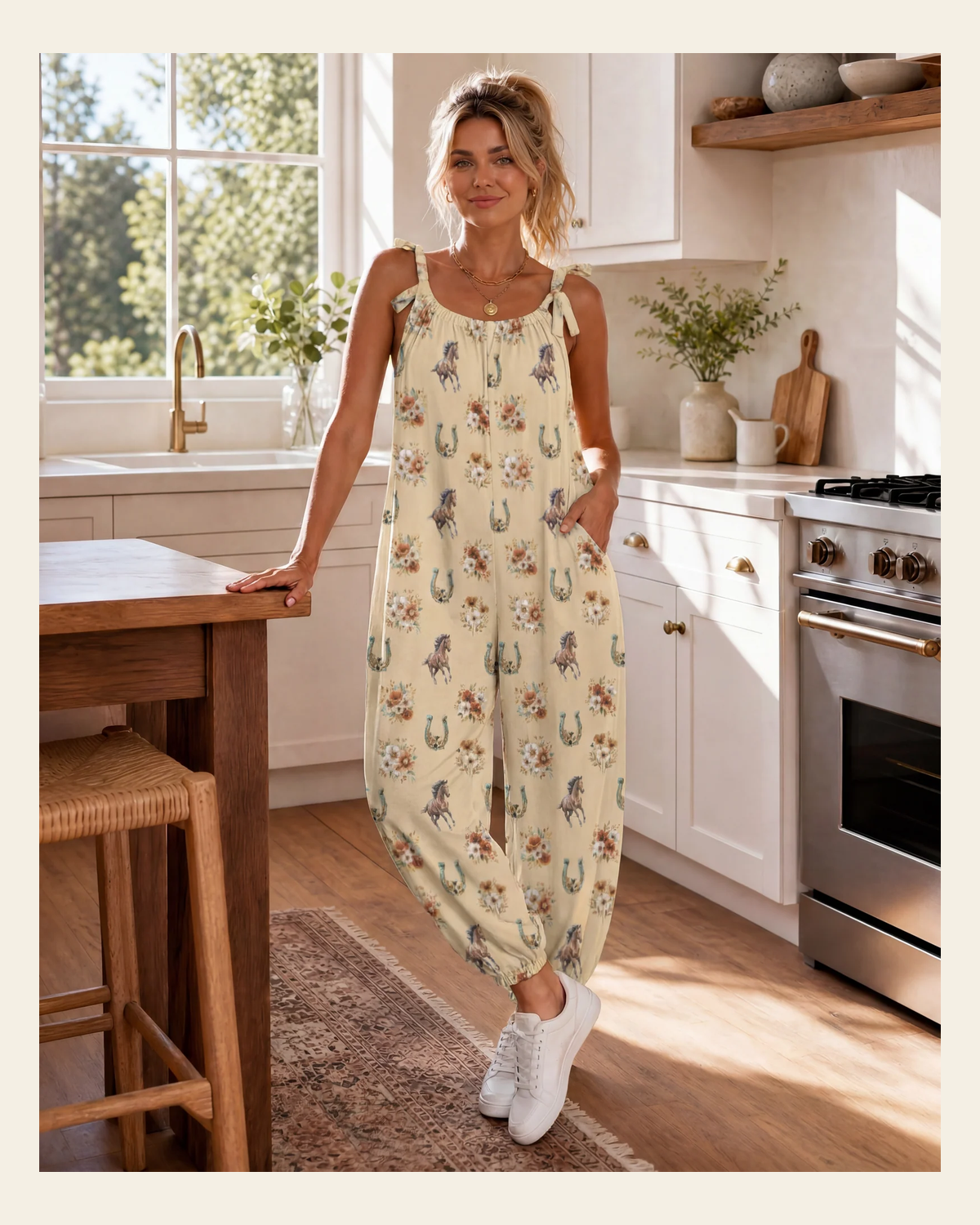 Baha Ranch Floral Horse Western Country Girl Overalls Jumpsuit on a warm cream background