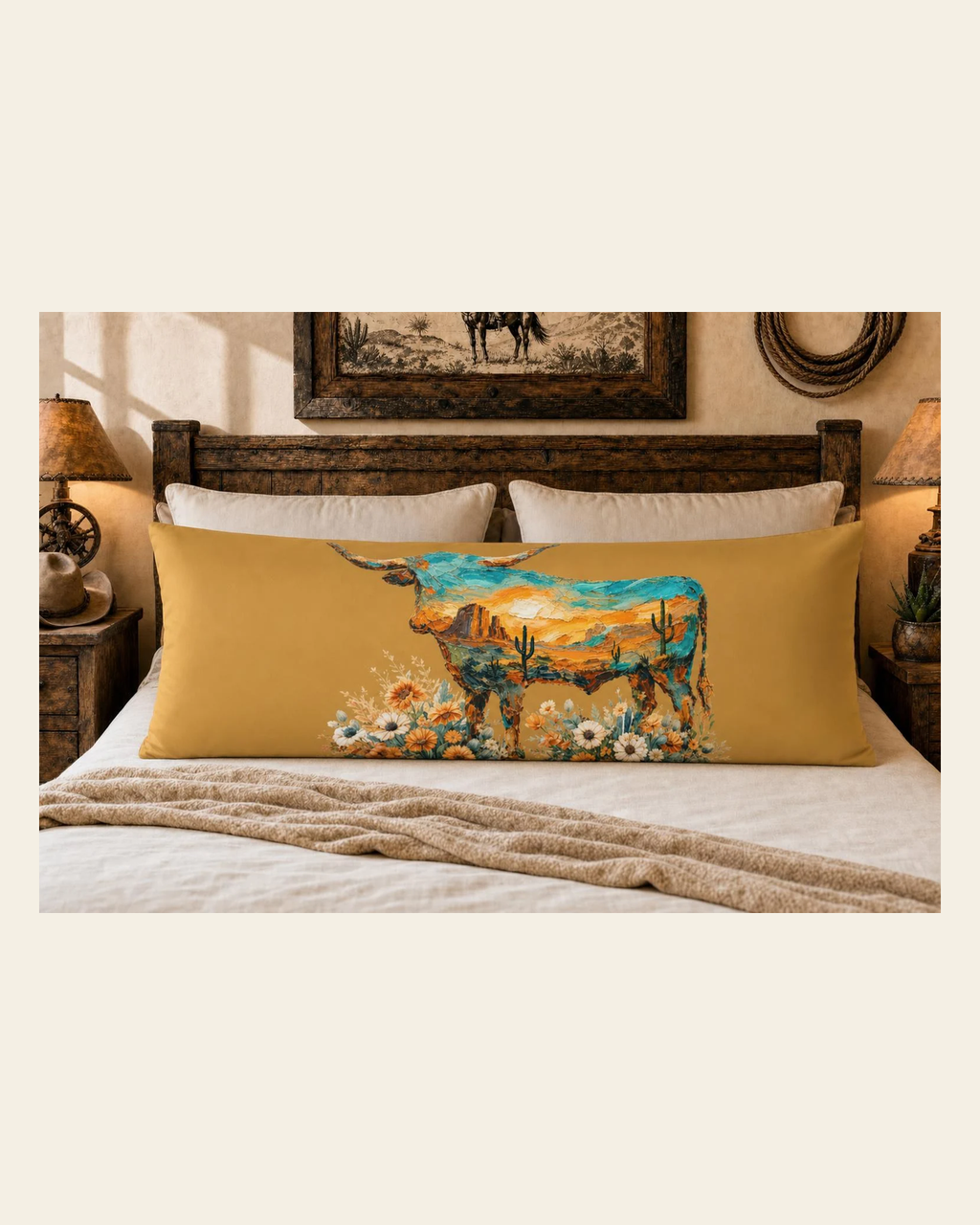 Baha Ranch Floral Longhorn Body Pillow Made in America on a warm cream background