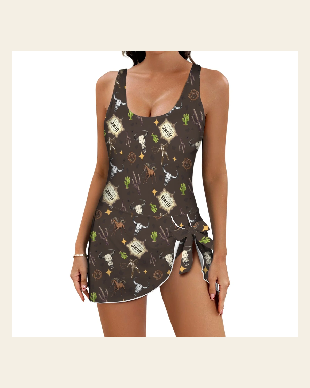 Baha Ranch Get Western Skirted Swimsuit on a warm cream background