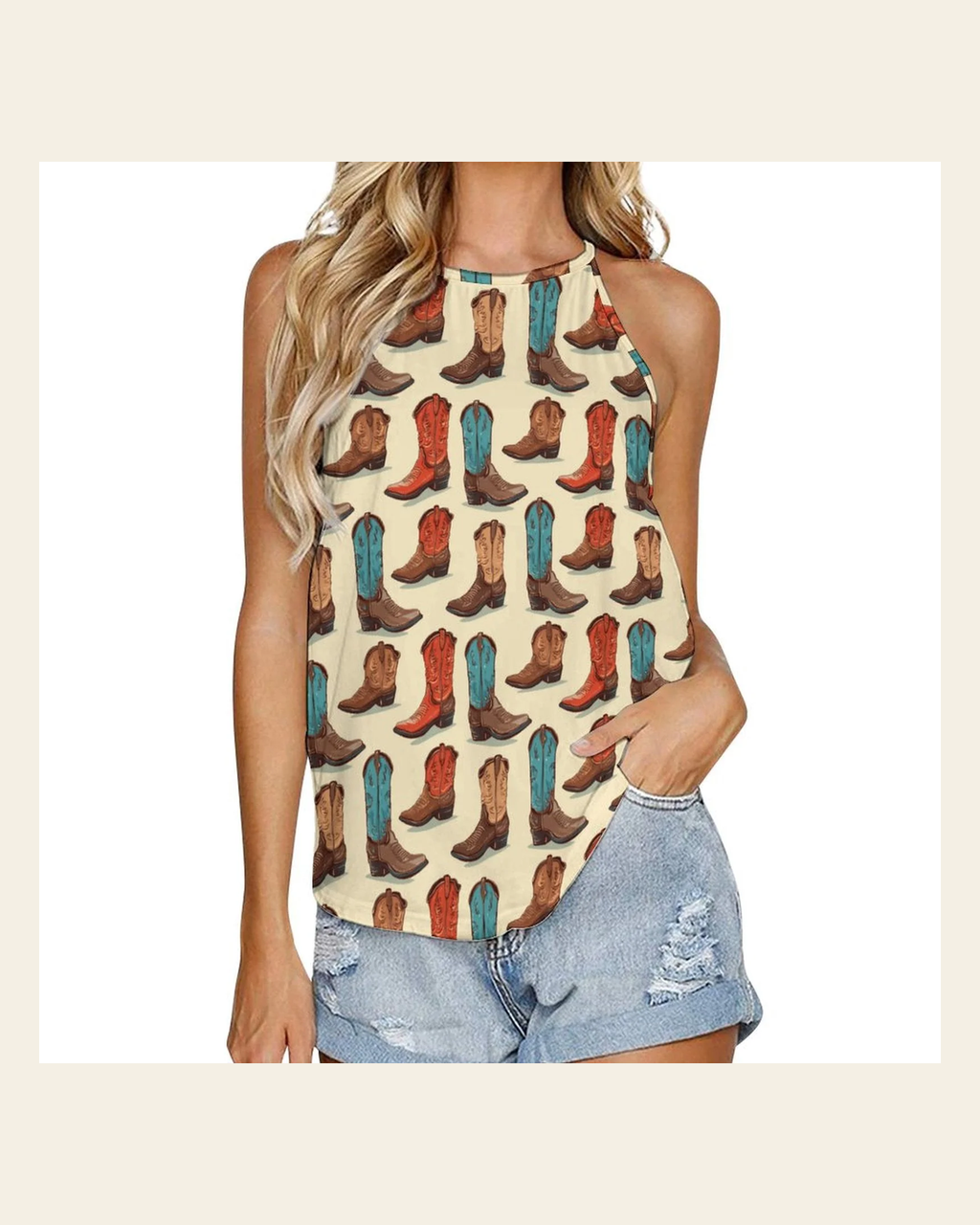 Baha Ranch Got My Boots Tank Top on a warm cream background