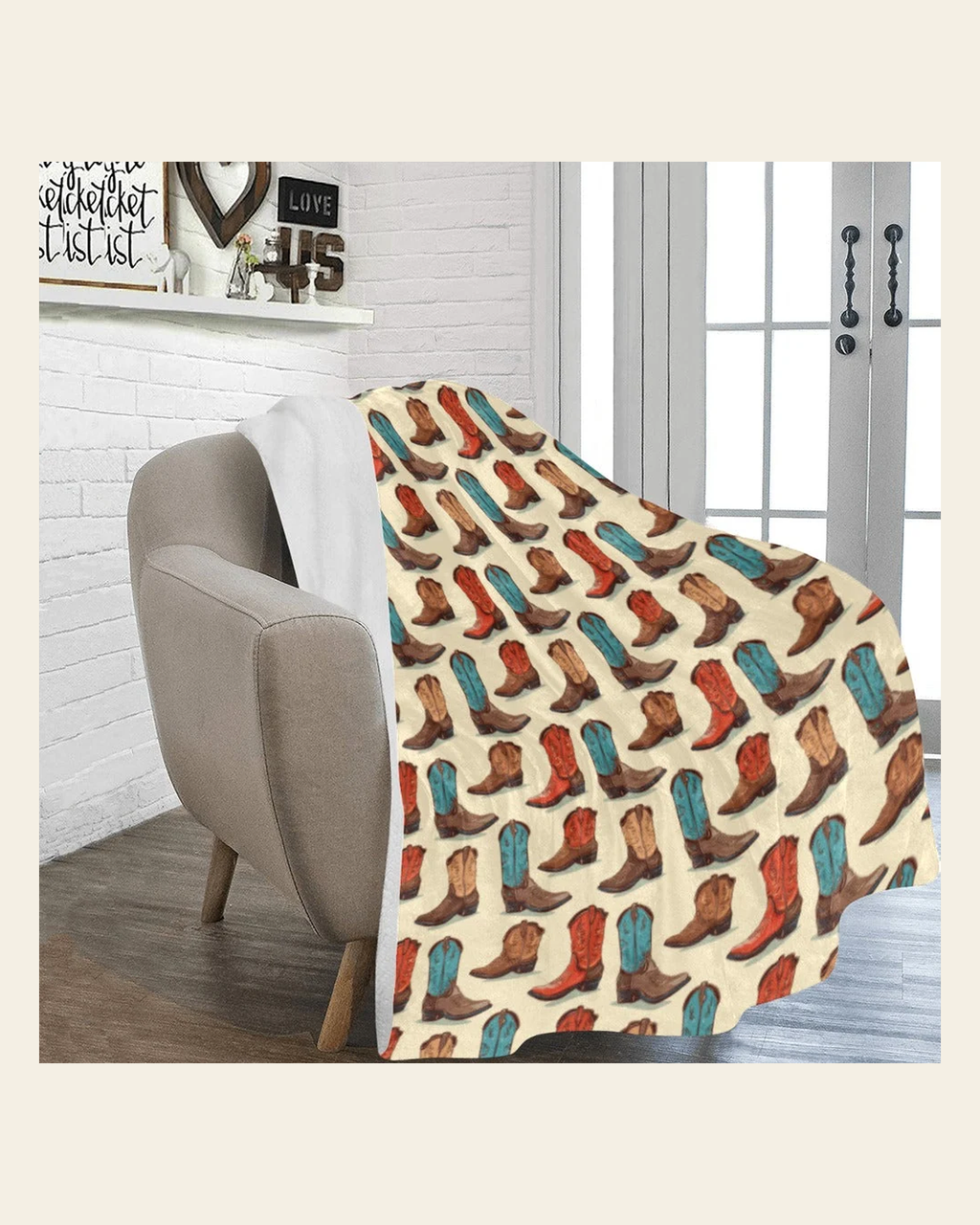 Baha Ranch Got My Boots Western Micro Fleece Throw Blanket 60" x 80" Made in America on a warm cream background