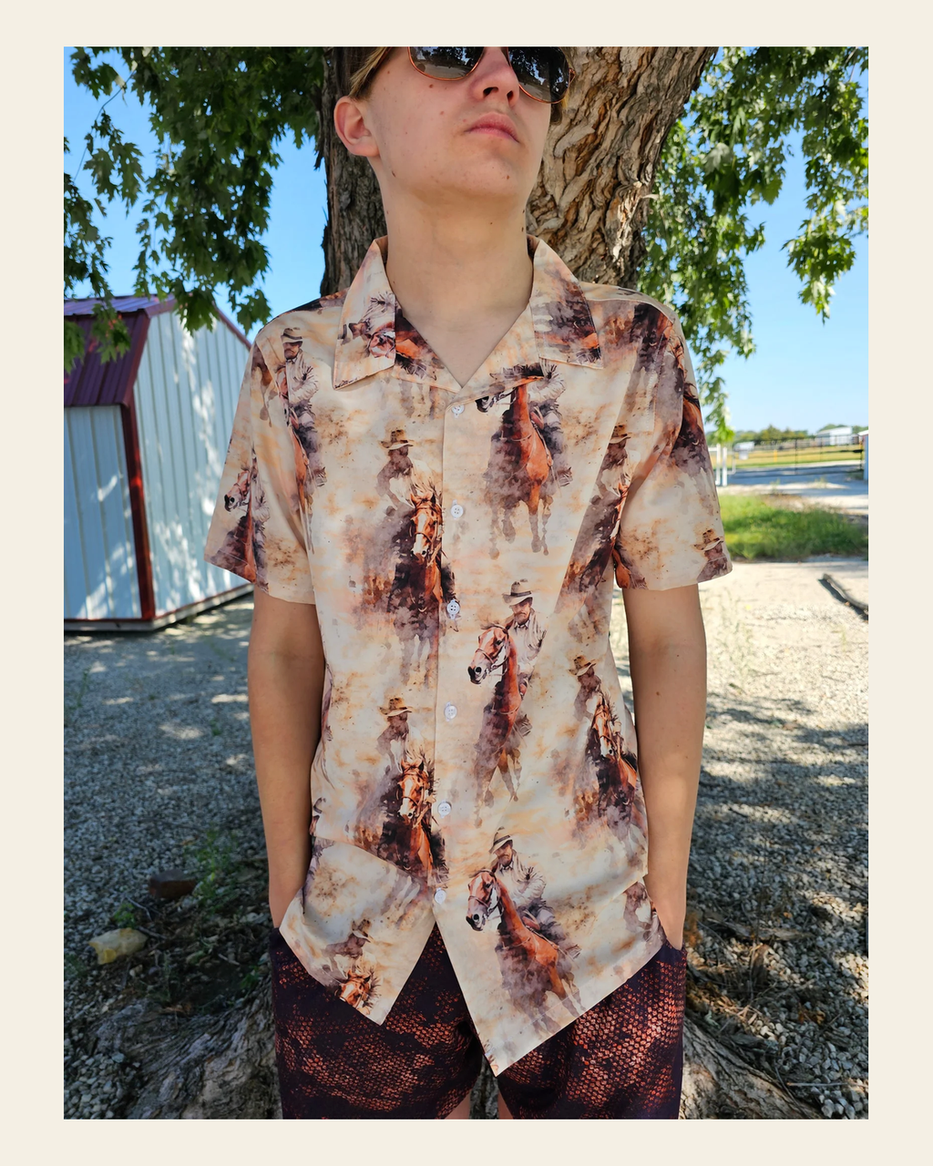 Baha Ranch Grunge Cowboy Men's Western Camp Shirt on a warm cream background