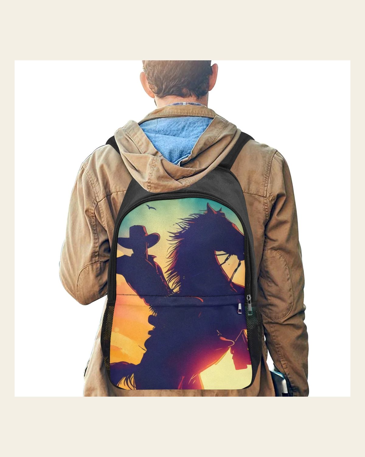 Baha Ranch Gunslinger Sunset Rider Backpack on a warm cream background
