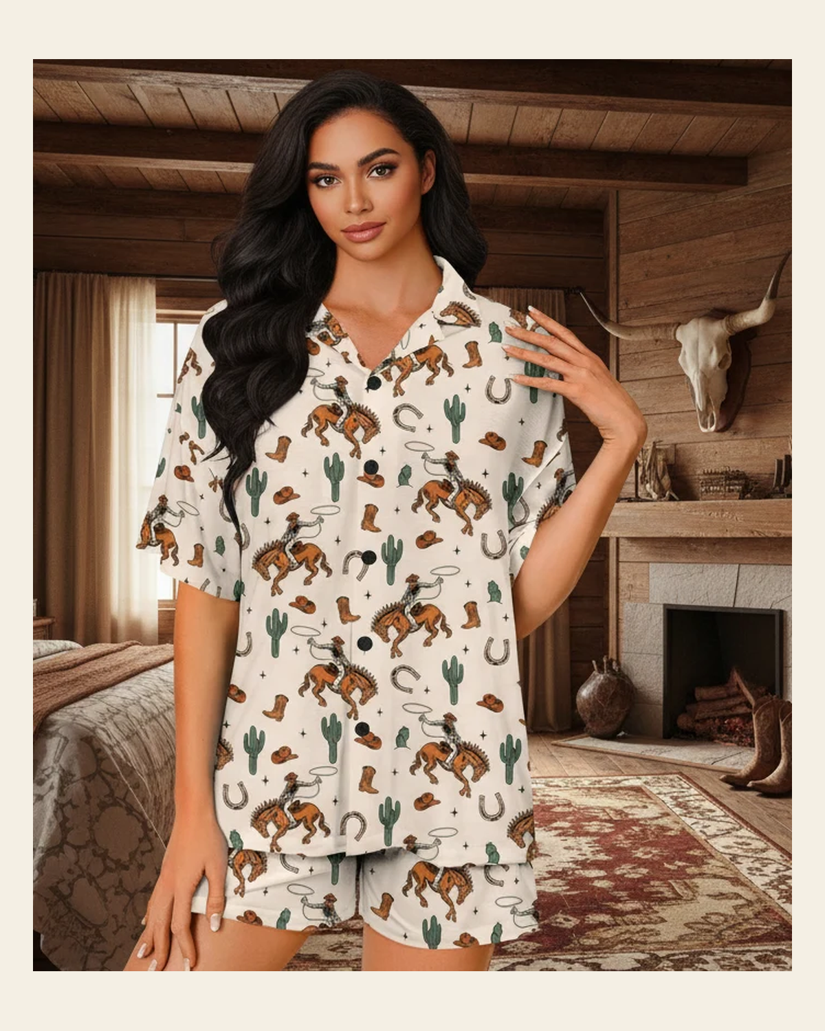 Baha Ranch Hang on Cowboy Women's Pajama Set Made in America on a warm cream background