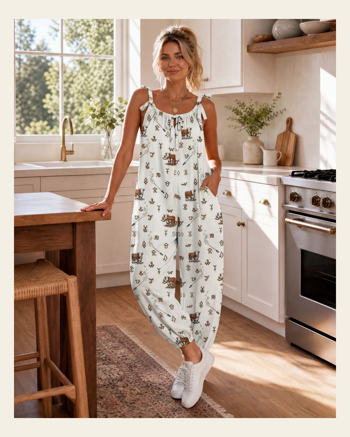 Baha Ranch Hereford Brands Overalls Jumpsuit on a warm cream background