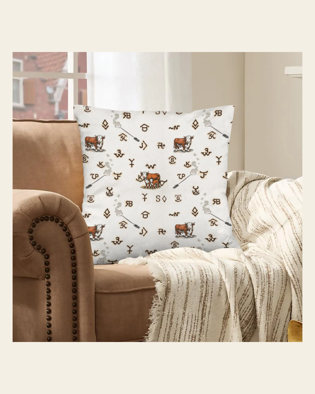 Baha Ranch Hereford Brands Velvety Soft Pillow Cover Made in America on a warm cream background