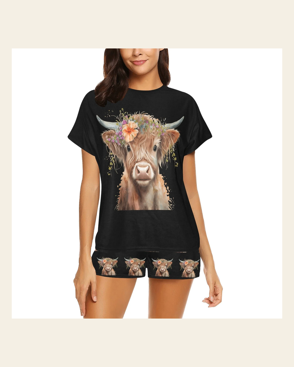 Baha Ranch Highland Calf Women's Western Top and Short Pajama Set on a warm cream background