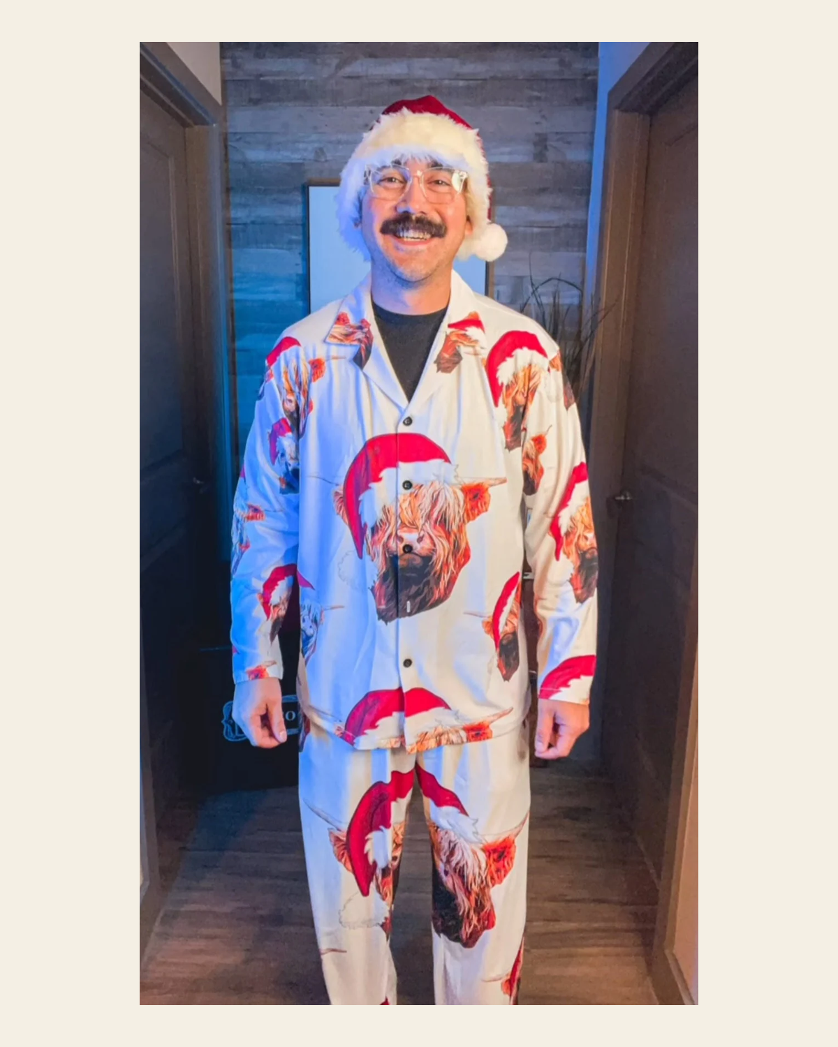Baha Ranch Highland Christmas Cow Men's Western Pajama Set on a warm cream background