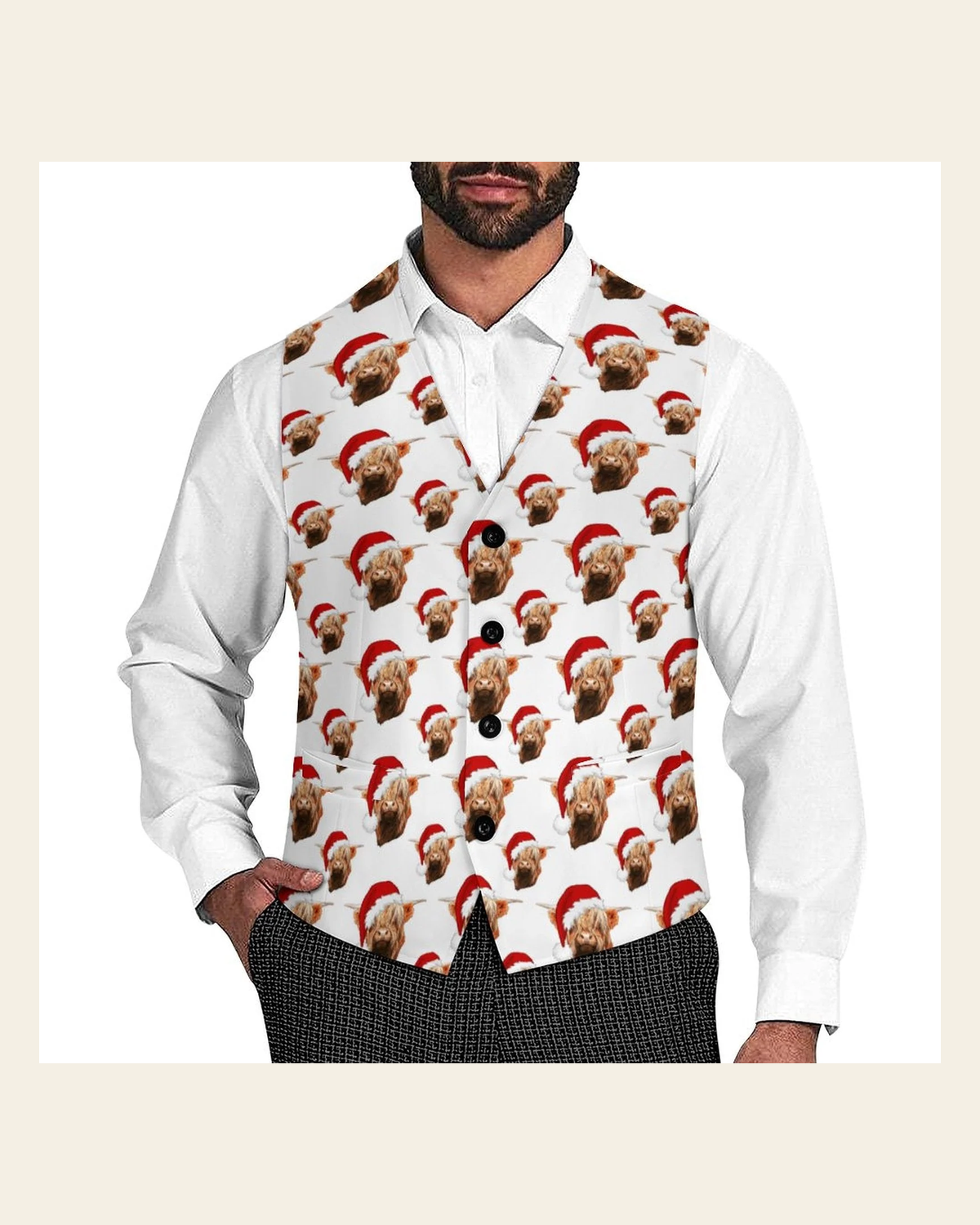 Baha Ranch Highland Christmas Cow Men's Western Vest on a warm cream background
