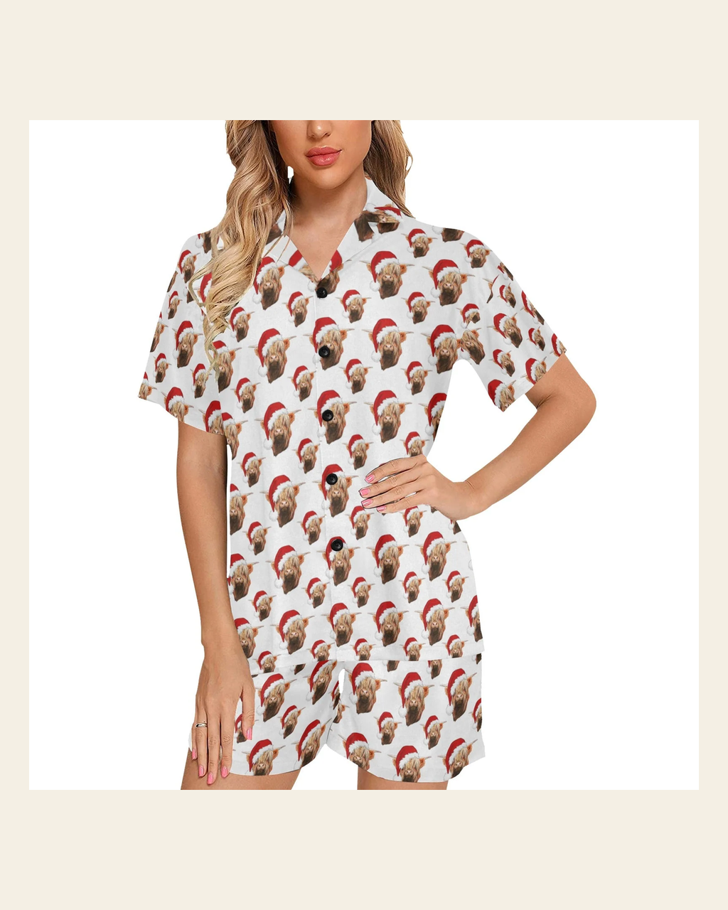 Baha Ranch Highland Christmas Cow Women's Western Pajama Set on a warm cream background