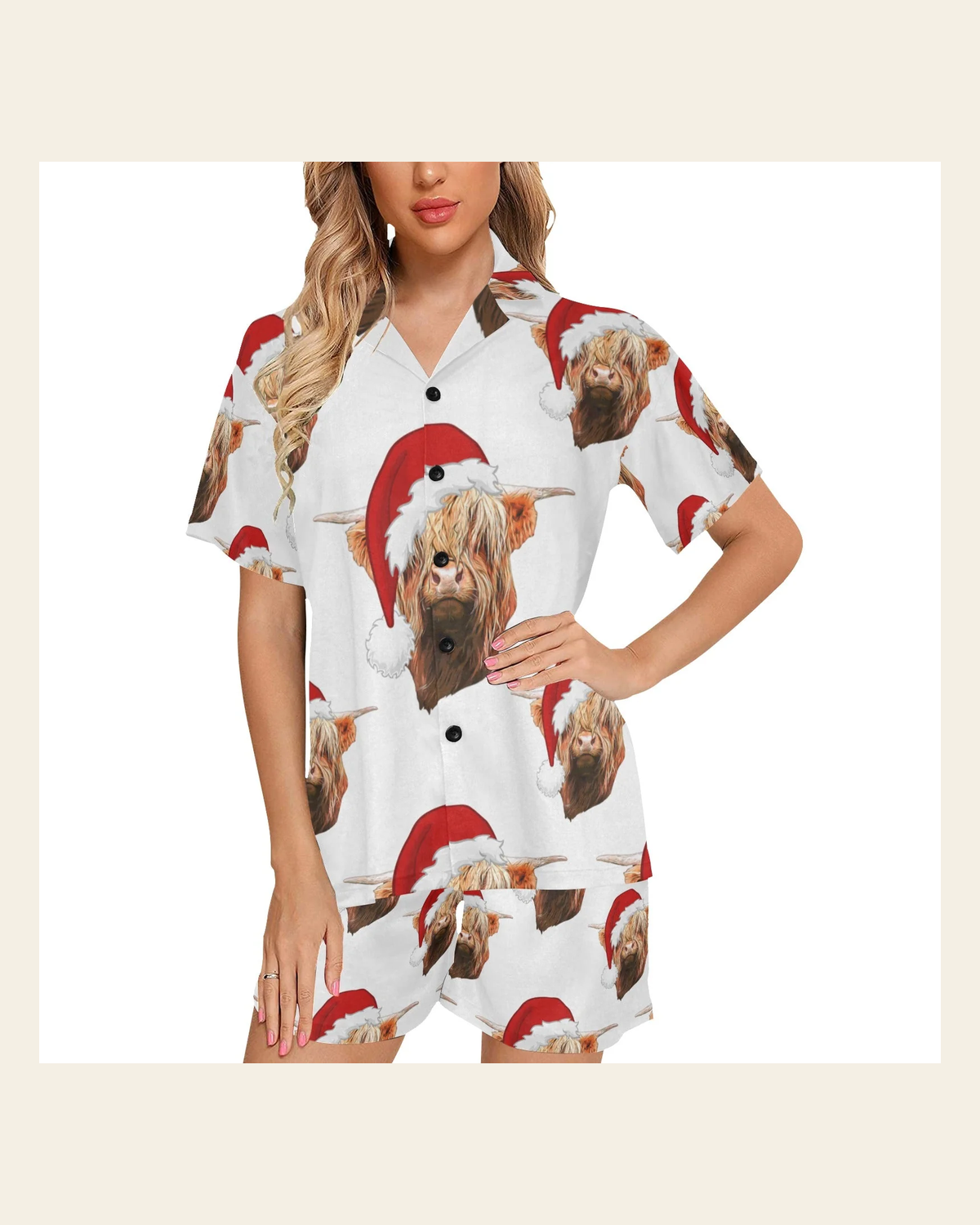 Baha Ranch Highland Christmas Cow Women's Western Pajama Set on a warm cream background